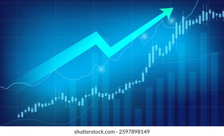Arrow up with Candle stick graph chart on a blue background, A chart with candlesticks Forex trading graphic concept, Analysis of investment trading in the field of cryptocurrency, vector design