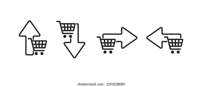 Flecha con carro. Una flecha que muestra la dirección en la que la tienda es donde se pueden realizar compras. Ilustración del vector