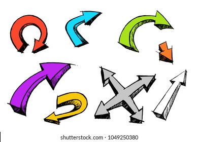 Arrow cartoon set 3d style isolated on white background. Hand made brush ink grunge Ñ�alligraphy hand drawn print. Vector illustration for web, user interface and application. Color sign collection.