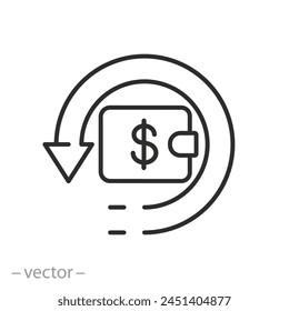 arrow cashback icon, price save money, refund cost, cash back wallet rebate, return coin pay, thin line vector illustration