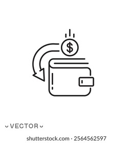 arrow cashback icon, refund cost, price save money, return coin pay, cash back wallet rebate, thin line symbol concept isolated on white background, editable stroke eps 10 vector illustration