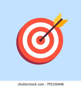 Arrow in center of board. Flat target icon isolated on blue background