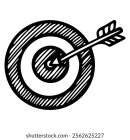 Arrow in the center of the target hand drawn doodle illustration. Symbol of success, victory. Hitting the target exactly. Vector line art.