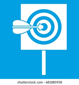 Arrow in the center of target icon white isolated on blue background vector illustration
