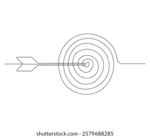 Arrow in center target in one continuous line drawing. Dartboard in simple linear style. Editable outline illustration