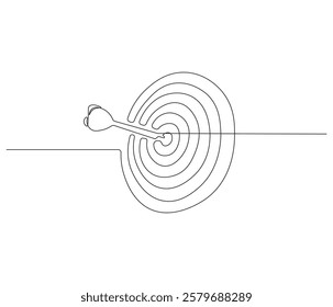 Arrow in center target in one continuous line drawing. Dartboard in simple linear style. Editable outline illustration