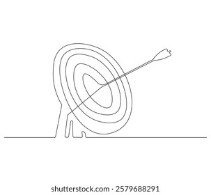 Arrow in center target in one continuous line drawing. Dartboard in simple linear style. Editable outline illustration