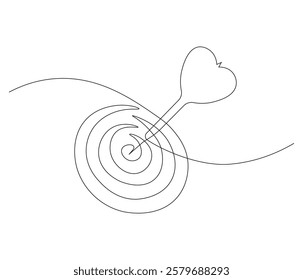 Arrow in center target in one continuous line drawing. Dartboard in simple linear style. Editable outline illustration