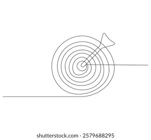 Arrow in center target in one continuous line drawing. Dartboard in simple linear style. Editable outline illustration