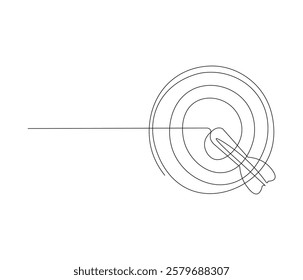 Arrow in center target in one continuous line drawing. Dartboard in simple linear style. Editable outline illustration