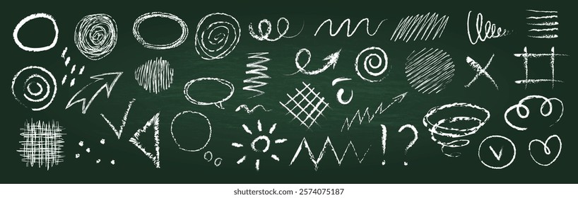Arrow chalk drawing. Circle brush sketch. Crayon doodle icon. Scribble line symbol. Hatching texture pen by hand. Stroke marker. Drawn grunge on blackboard. Grunge graphic. Vector pencil elements set