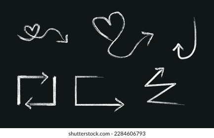 Arrow chalk vector set. Vector hand drawn arrows icons set on the blackboard. Abstract vector illustration.