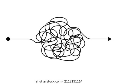 Arrow chaos mindset mess. Doodle knot line concept with freehand scrawl sketch. Vector hand drawn difficult thought process. Tangle path