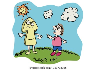 Arrow character is standing on a hill with a funny kid. Kid asks arrow guy, "What's Up?"