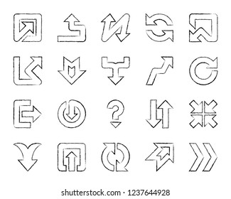 Arrow charcoal icons set. Grunge outline web sign kit of pointer. Button linear icon collection includes curve top, left turn, circle bend. Hand drawn simple arrow symbol on white. Vector Illustration