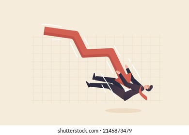 Arrow chart attacks a businessman or investor. Investment Risk, Stock market plunge, cryptocurrency or forex trading price decline, bear market concept.