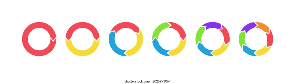 Arrow chart. Circle diagram with arrow. Color infographic piechart with flow repeat. Cycle statistics with step. From 1 to 6 arrow for options of presentation, teamwork, progress. Update icon. Vector.