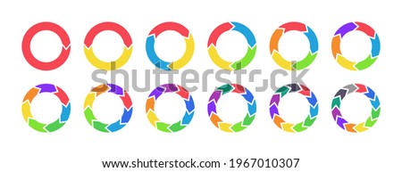 Arrow chart. Circle diagram with arrow. Color infographic piechart with flow repeat. Cycle statistics with step. From 1 to 12 arrow for options of presentation, teamwork, progress. Update icon. Vector