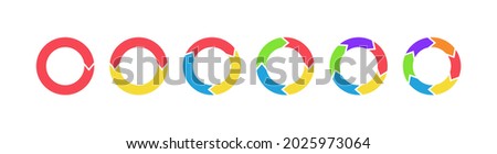 Arrow chart. Circle diagram with arrow. Color infographic piechart with flow repeat. Cycle statistics with step. From 1 to 6 arrow for options of presentation, teamwork, progress. Update icon. Vector.