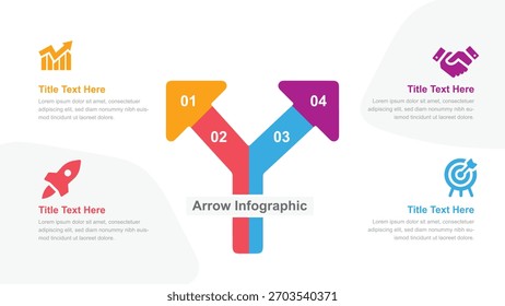 Ilustración de infografía de gráfico de flechas con cuatro pasos numerados (01-04), iconos comerciales y marcadores de posición de texto de título, todos presentados en un fondo blanco y limpio.