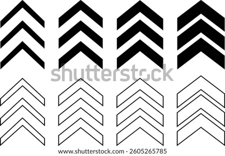 Arrow chevron doodle icon in flat, line set graphic design Vector for apps or web Triple chevrons pointing right thickness road caution, military, navigation signs isolated on transparent background