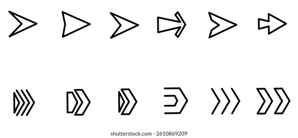 Arrow and Chevron Icon Collection A diverse set of arrow symbols featuring various directions, navigation styles, triangular shapes, chevrons, and more. Fully editable strokes and pixel-perfect design