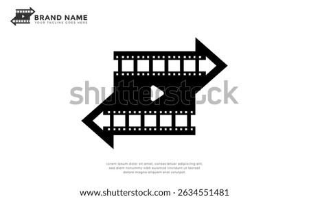 Arrow Cinema Logo. Modern logo combining film strip, play button, and arrow. Ideal for video editing, multimedia production, or streaming services.