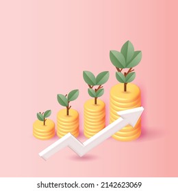 arrow cion growth money tree coin plant for save money vector 3d banking income business