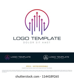 Up arrow and circle, abstract building for real estate logo. finance stock chart icon vector logo template