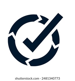 Arrow in a circle, check mark. Concept successful loading, progress. Vector linear icon isolated on white background.