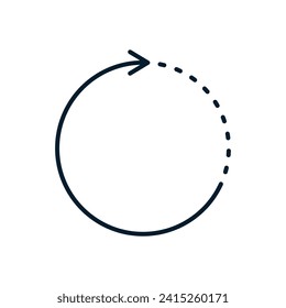 Arrow in a circle with a dotted line. Concept of moving without stopping. Vector linear icon isolated on white background.