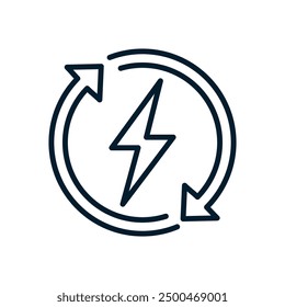 Arrow in circle and energy sign. Recharge. Vector icon isolated on white background.