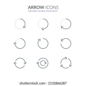 arrow circle icon set for web and app. cycle, round, time passage, circular arrows. editable stroke vector illustration