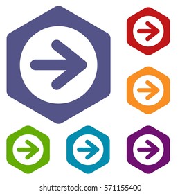 Arrow in circle icons set rhombus in different colors isolated on white background