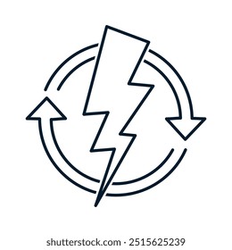 Arrow in a circle, lightning. Concept recharging, energy. Vector linear icon isolated on white background.