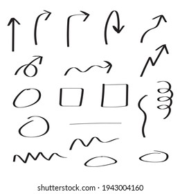 círculo de flecha y conjunto de líneas con estilo dibujado a mano con doodle aislado en fondo blanco. ilustración vectorial