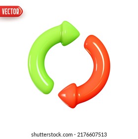 Arrow circle round red and green color. Realistic 3d design In plastic cartoon style. Icon isolated on white background. Vector illustration