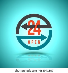 Arrow Circle Service 24 hour open Icon, Label or Sticker for Customer Service, Support or CRM Concept Isolated on White Background
