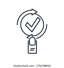 Arrow in a circle, tick and finger. Click ok. Vector icon isolated on white background.