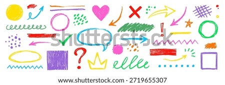 Arrow, circle, underline crayon line chalk textures hand drawn doodle color set. Hand drawn pastel color texture arrow, dot, star elements. Highlight, circle frame brush set. Vector illustration