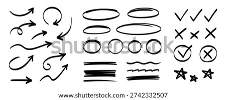 Arrow, circle, underline marker hand pen set. Arrow line marker hand drawn brush pencil sketch. Doodle check, cross, star oval round icon sign symbol texture rough. Vector illustration