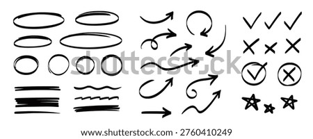 Arrow, circle, underline marker hand pen set. Arrow line marker hand drawn brush pencil sketch. Doodle check, cross, star oval round icon sign symbol texture rough. Vector illustration