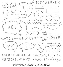 Arrow circles and abstract doodle icon in hand drawn style. Number vector illustration on isolated background. Letters, arrows sign business concept.