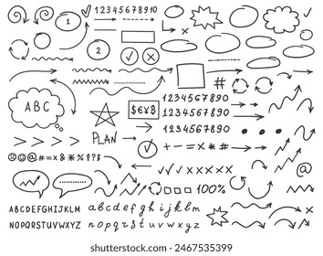 Arrow circles and abstract doodle icon in hand drawn style. Number vector illustration on isolated background. Letters, arrows sign business concept.