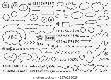 Arrow circles and abstract doodle icon in hand drawn style. Number vector illustration on isolated background. Letters, arrows sign business concept.