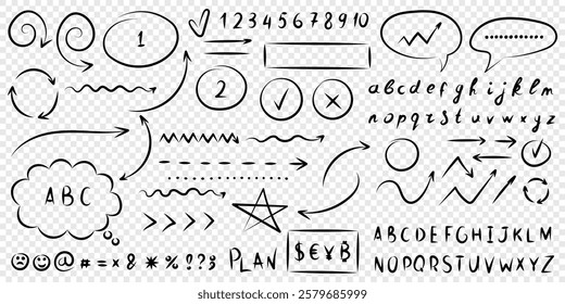 Arrow circles and abstract doodle icon in hand drawn style. Number vector illustration on isolated background. Letters, arrows sign business concept.