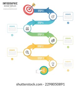 Arrow and circular mind map infographic template or element with 5 step, process, option, colorful 3D button, circle, paper origami, rectangle, rectangular, label, icons, vertical for sale slide, web