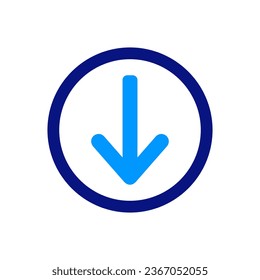 Flecha en trazos circulares para la dirección. Círculo, flecha, abajo, descarga. Puntero de línea de flecha hacia abajo en azul marino circular. Administrador y descargador de archivos. Transferencia de datos.