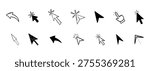 Arrow click icon. Mouse cursor arrow doodle hand drawn sketch icon set, pointer press here tap button. Scribble action type ui interface design element 