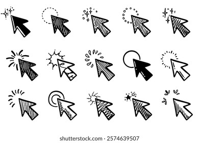 Arrow click icon. Mouse cursor, press here tap button. Hand drawn vector isolated set.